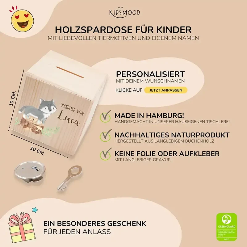 Spardose Kinder, Sparschwein personalisiert bunt - Waschbär Waldtiere