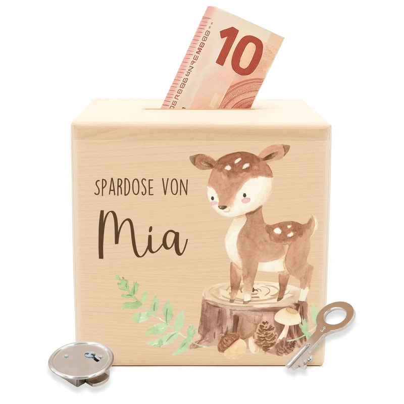Spardose Kinder, Sparschwein personalisiert bunt - Reh Waldtiere