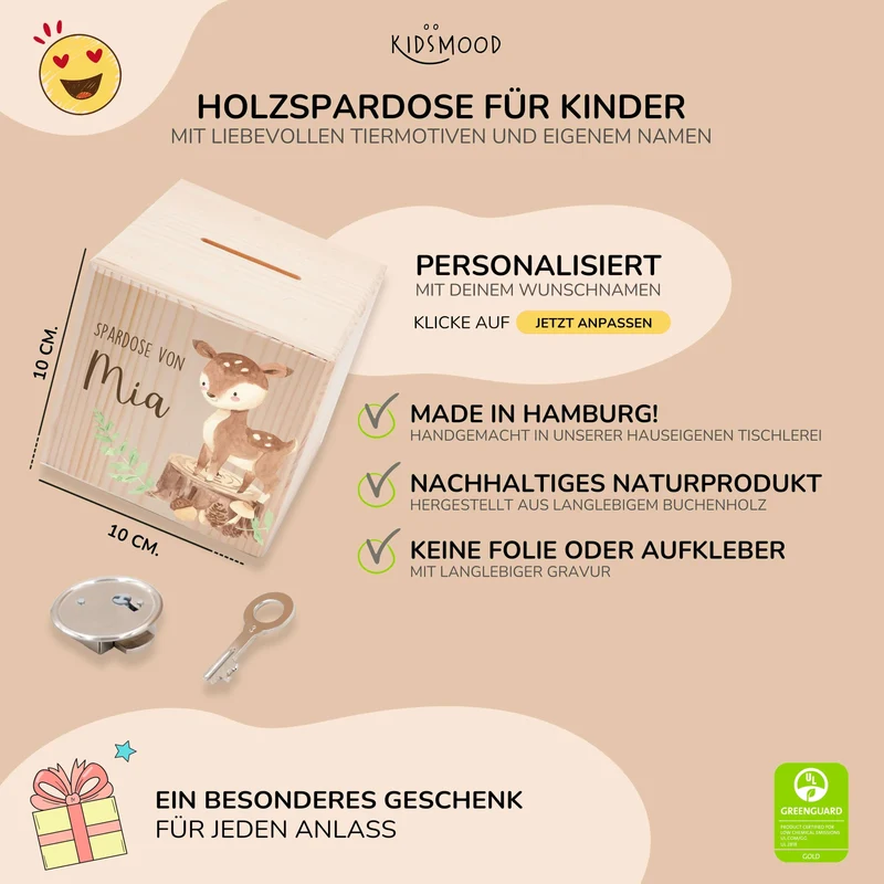 Spardose Kinder, Sparschwein personalisiert bunt - Reh Waldtiere