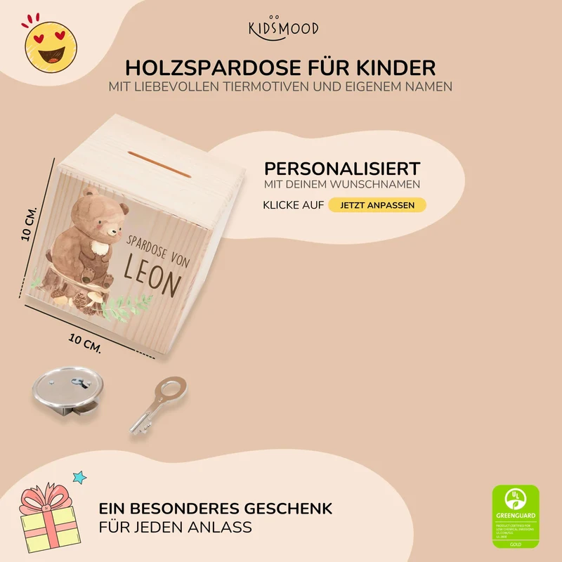 Spardose Kinder, Sparschwein personalisiert bunt - Bär Waldtiere