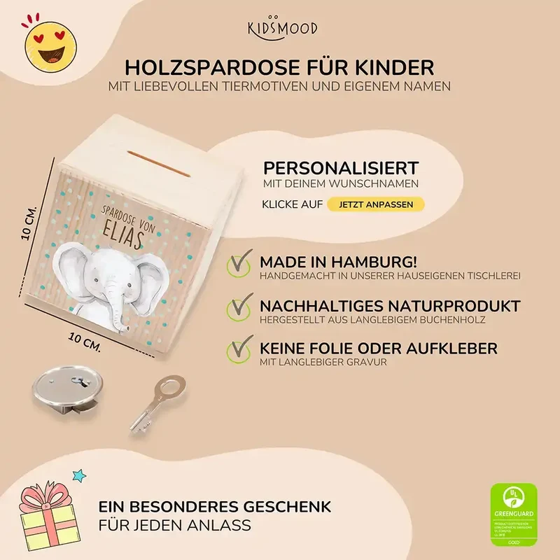 Spardose Kinder, Sparschwein personalisiert bunt - Elefant mit Pünktchen