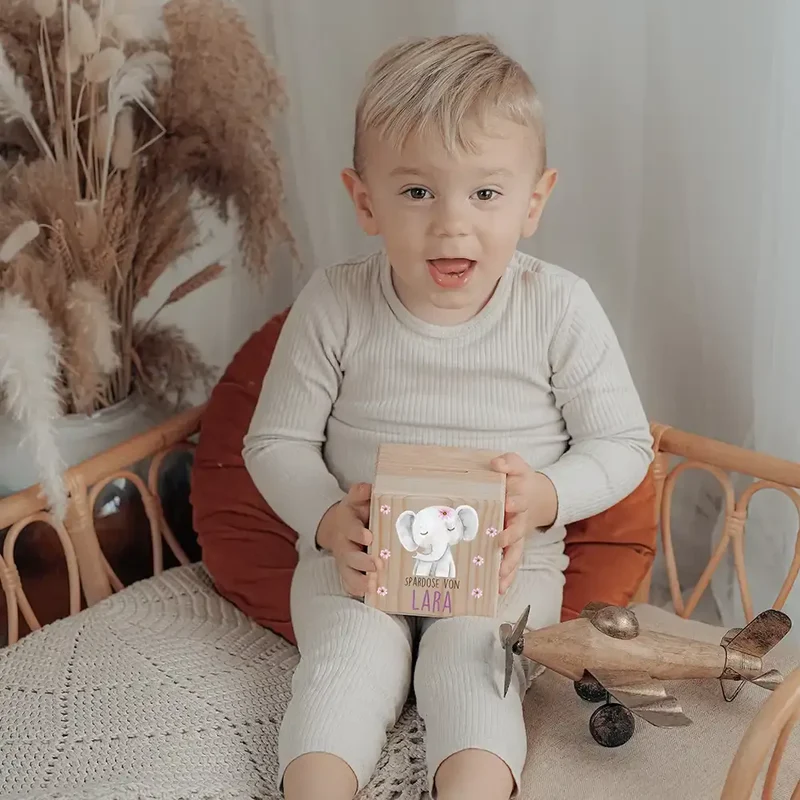 Spardose Kinder, Sparschwein personalisiert bunt - Elefant mit Blumen