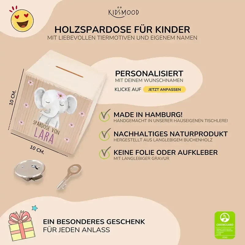 Spardose Kinder, Sparschwein personalisiert bunt - Elefant mit Blumen