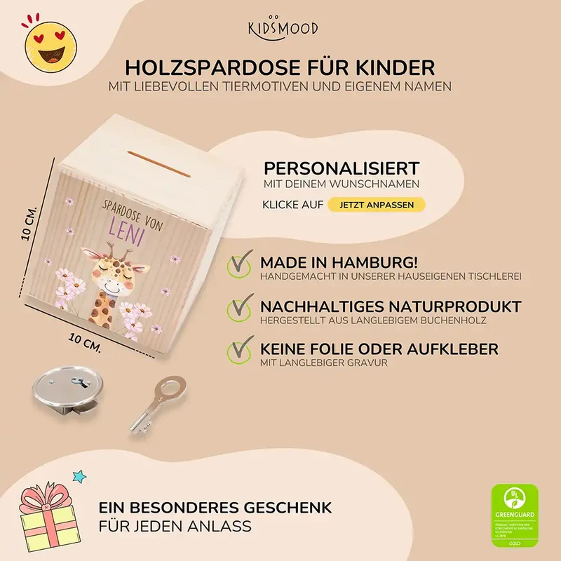 Spardose Kinder, Sparschwein personalisiert bunt - Giraffe mit Blume