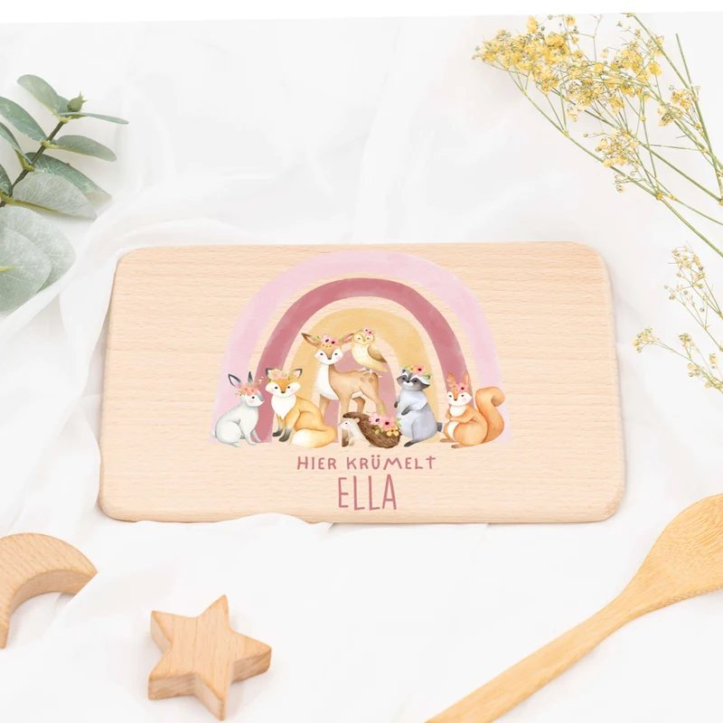 Frühstücksbrettchen Holz personalisiert - Regenbogen Waldtiere
