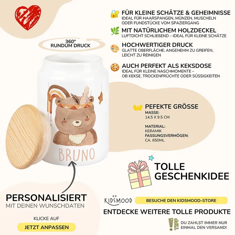 Personalisierbare Keksdose mit Name - Boho Bär