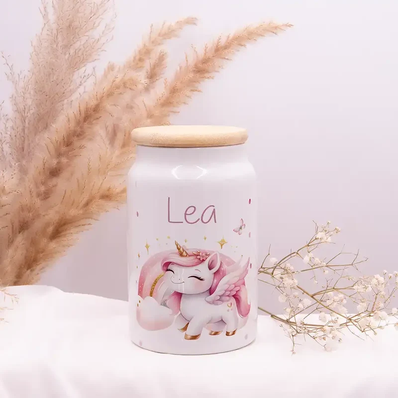 Personalisierbare Keksdose mit Name - Einhorn Regenbogen