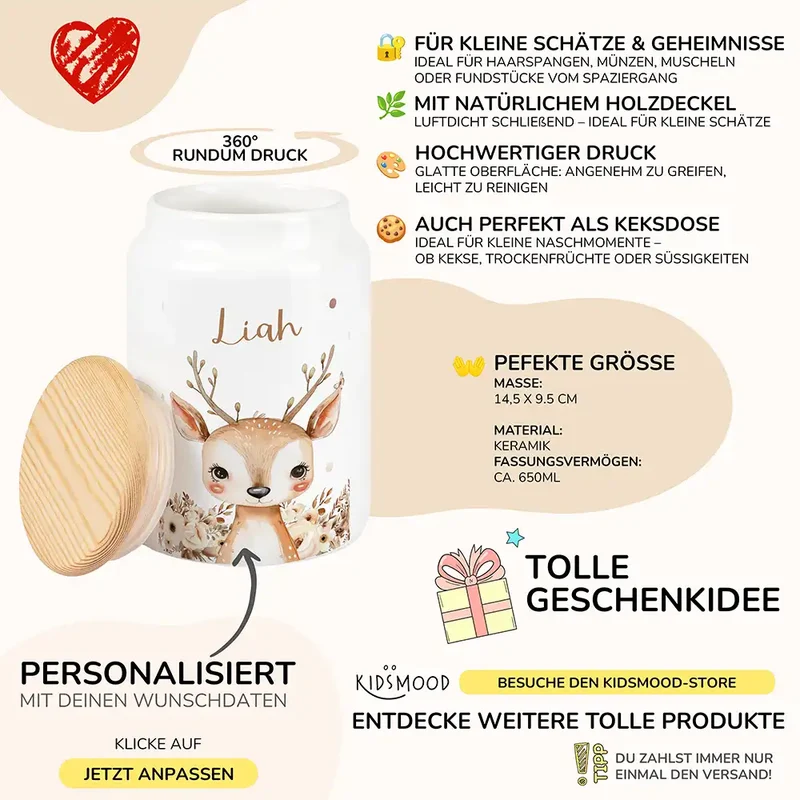 Personalisierbare Keksdose mit Name - Baby Reh