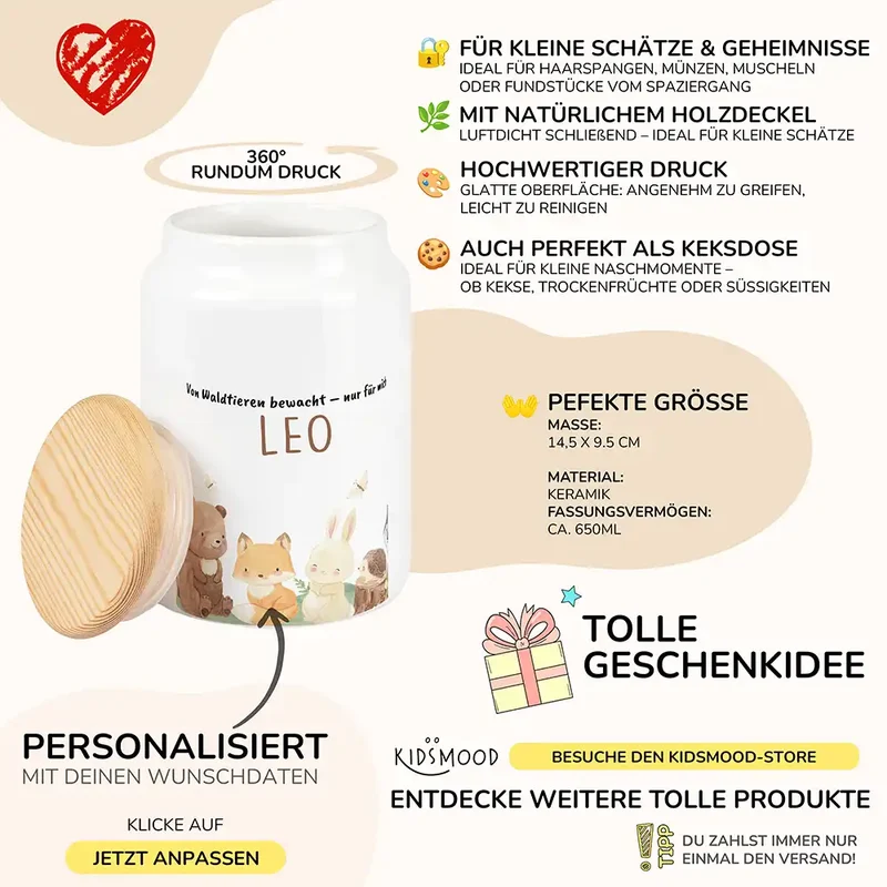 Personalisierbare Keksdose mit Name - Niedlicche Waldtiere