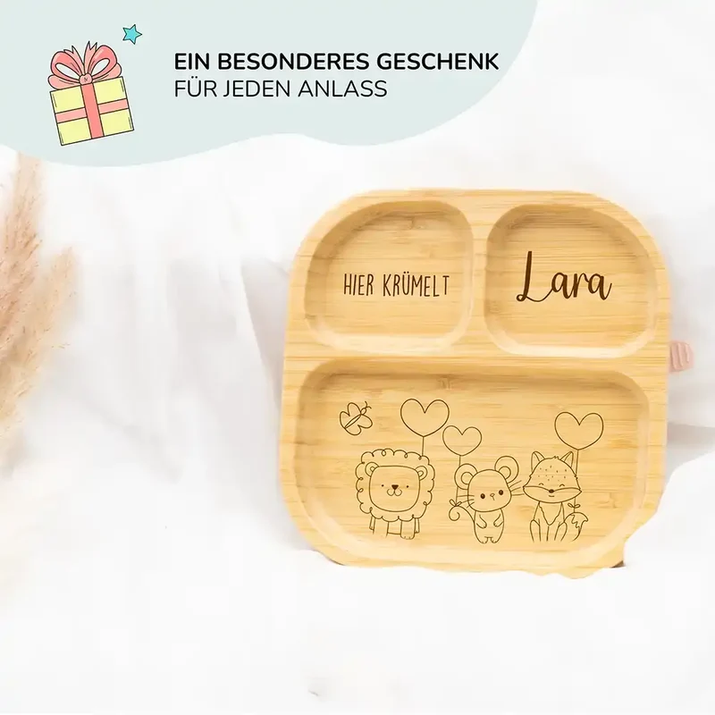 Kinderteller mit Saugnapf personalisiert mit Namen - Waldtiere