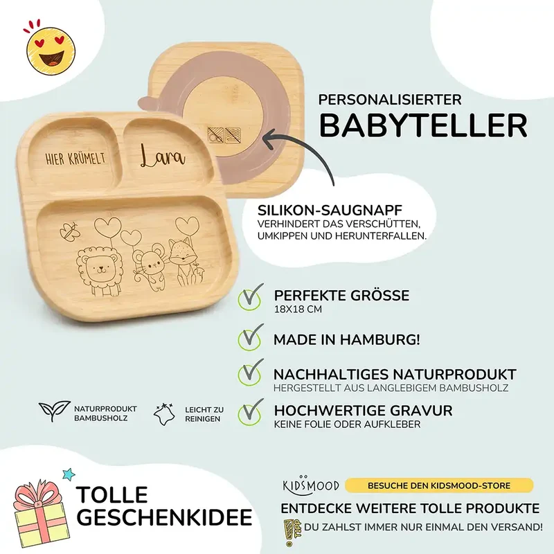 Kinderteller mit Saugnapf personalisiert mit Namen - Waldtiere