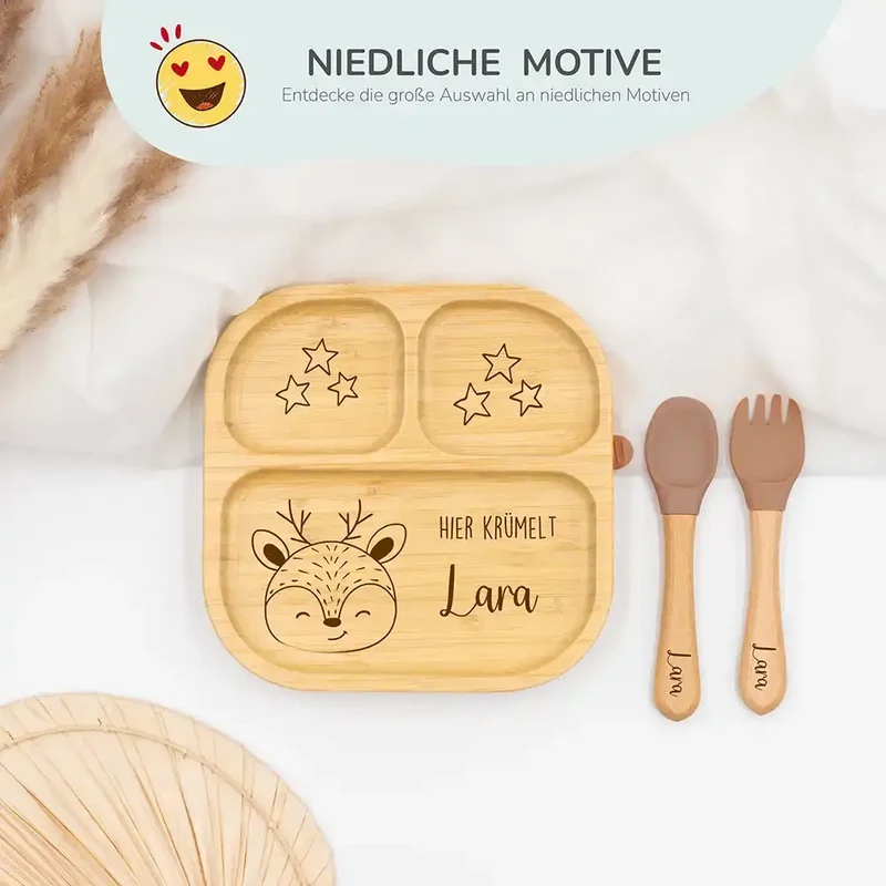 Kinderteller mit Saugnapf personalisiert mit Namen - Reh