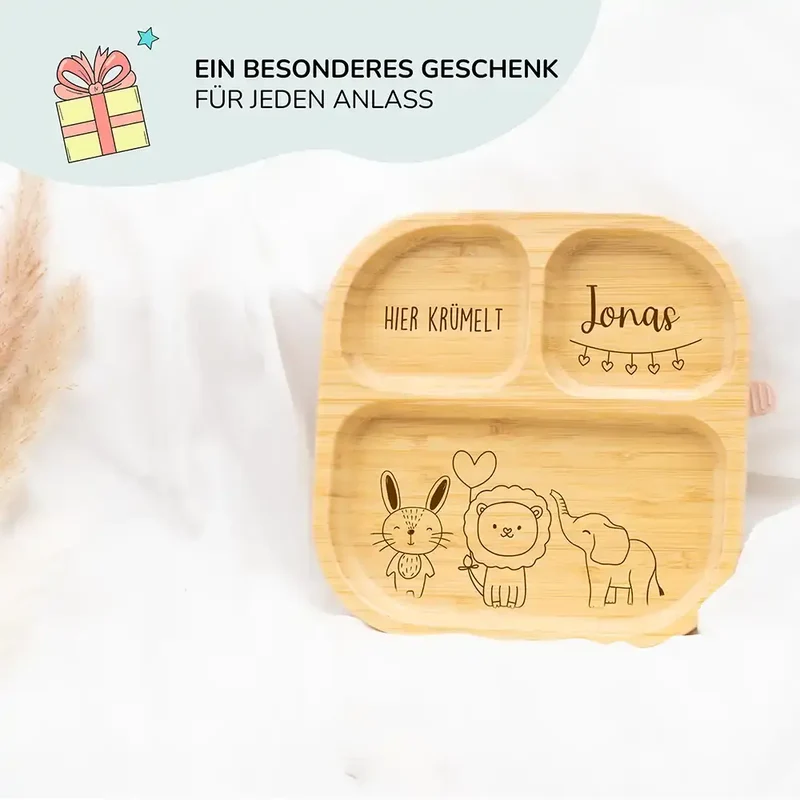 Kinderteller mit Saugnapf personalisiert mit Namen - Jungle Tiere