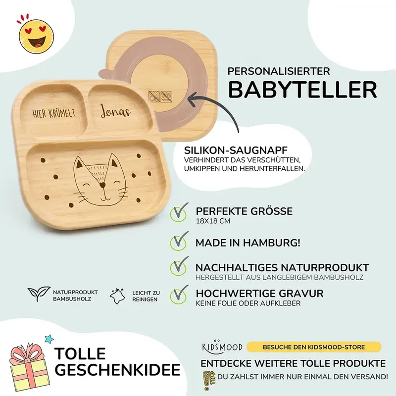 Kinderteller mit Saugnapf personalisiert mit Namen - Hase mit Punkten Motiv