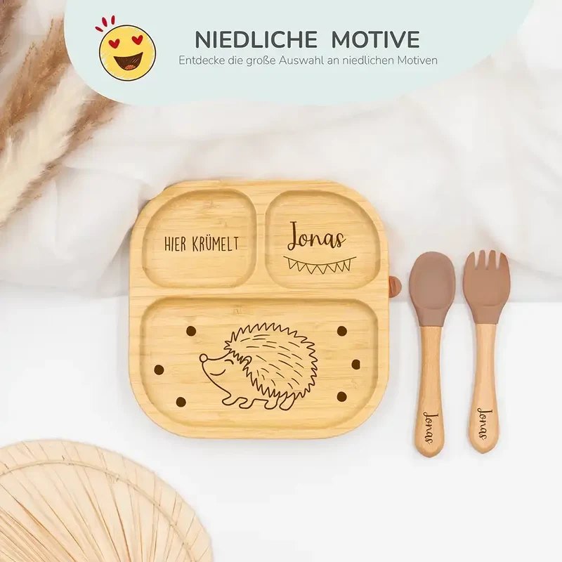 Kinderteller mit Saugnapf personalisiert mit Namen - Igel Motiv