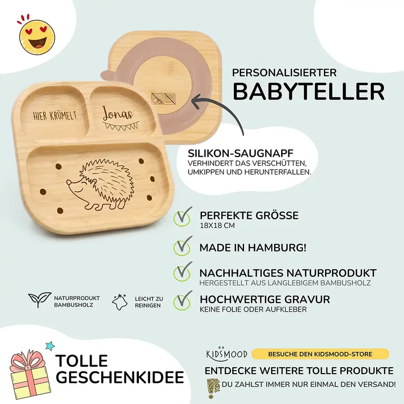 Kinderteller mit Saugnapf personalisiert mit Namen - Igel Motiv
