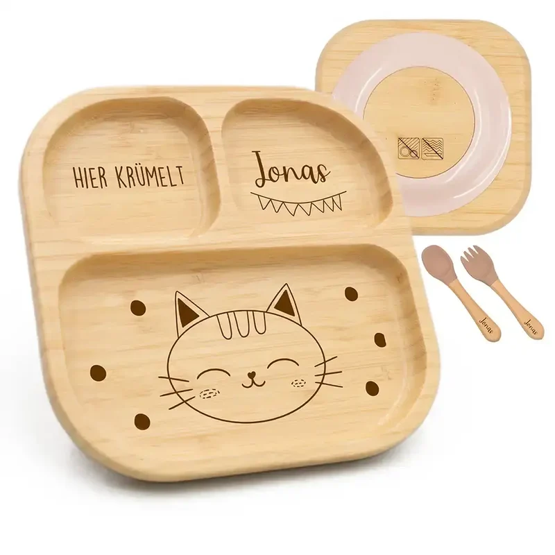 Kinderteller mit Saugnapf personalisiert mit Namen - Katze Motiv