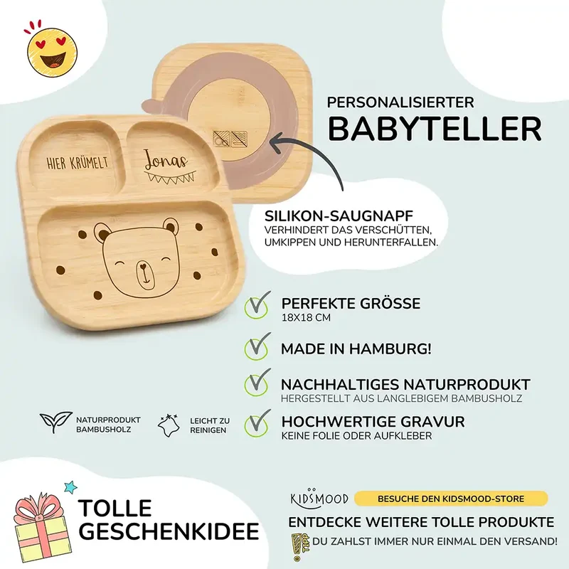 Kinderteller mit Saugnapf personalisiert mit Namen - Bär Motiv