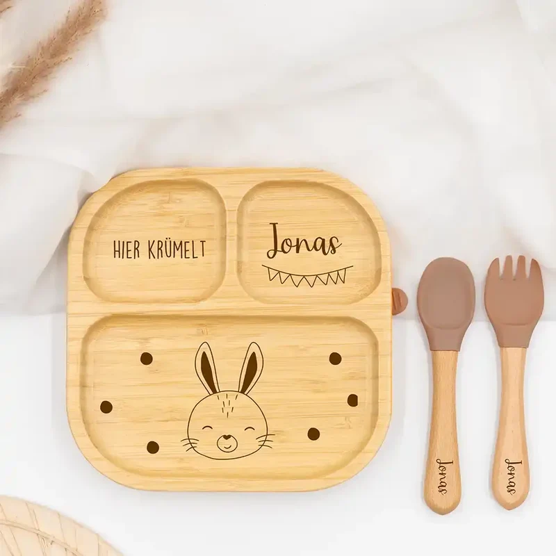 Kinderteller mit Saugnapf personalisiert mit Namen - Hase Motiv