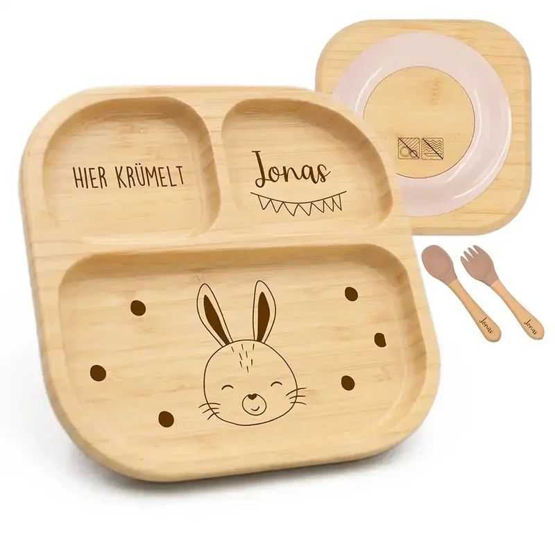 Kinderteller mit Saugnapf personalisiert mit Namen - Hase Motiv