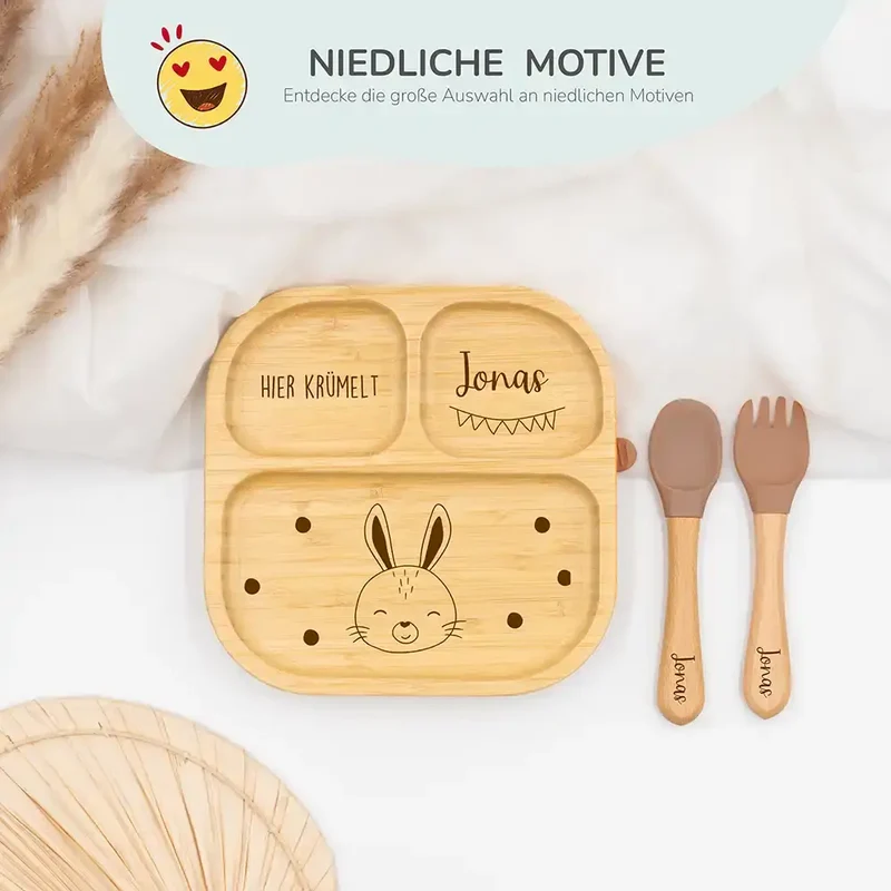 Kinderteller mit Saugnapf personalisiert mit Namen - Hase Motiv