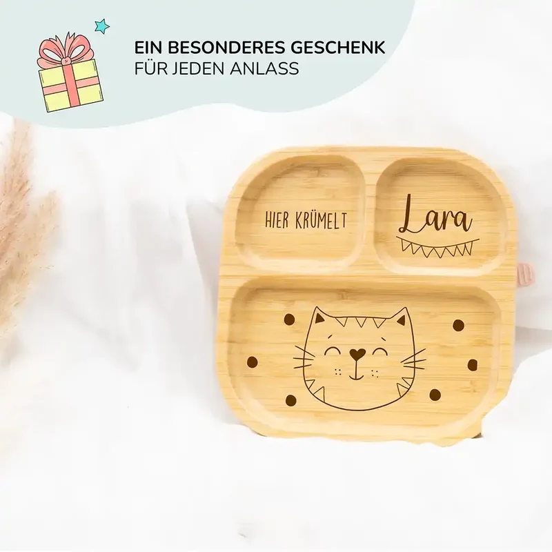 Kinderteller mit Saugnapf personalisiert mit Namen - Kätzchen Motiv