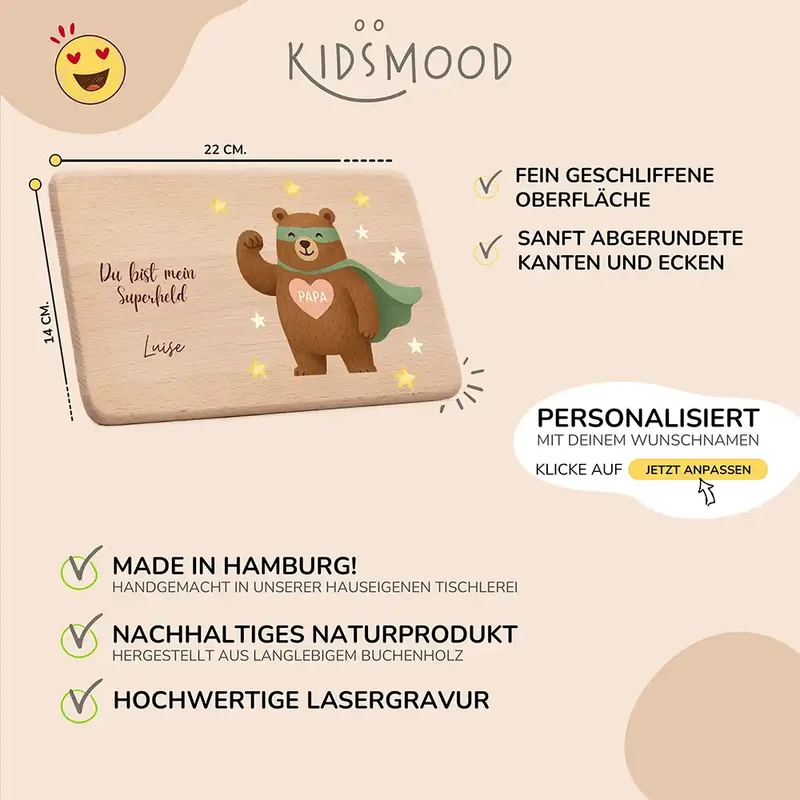 Frühstücksbrettchen Holz Du bist mein Superheld mit Gravur - Geschenk Vatertag