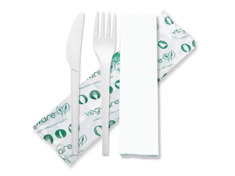 Cutlery (6.5in knife, fork, napkin in bio bag) - white