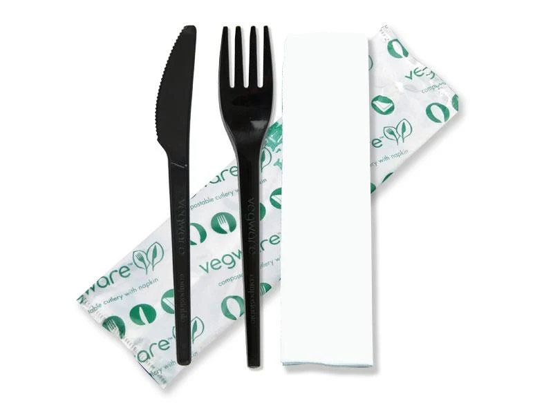 Cutlery (6.5in knife, fork, napkin in bio bag) - black