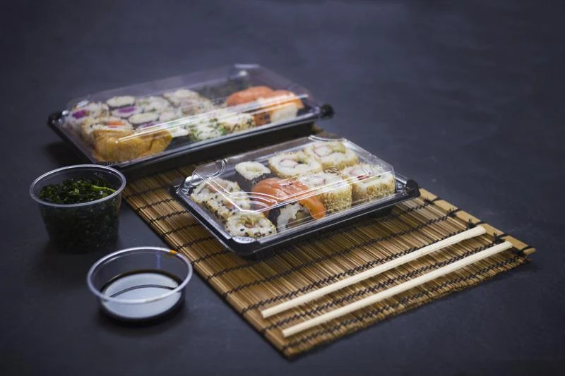 #4 PLA sushi combo black tray & clear lid 24.5 x 15 x 4cm