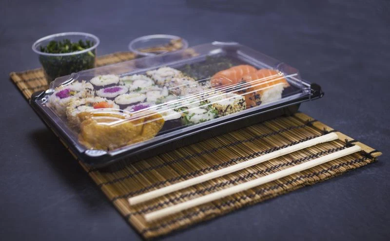 #4 PLA sushi combo black tray & clear lid 24.5 x 15 x 4cm