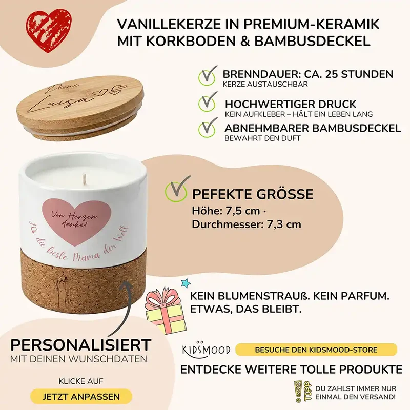 Duftkerze Vanille Keramik – Von Herzen Danke mit Wunschname
