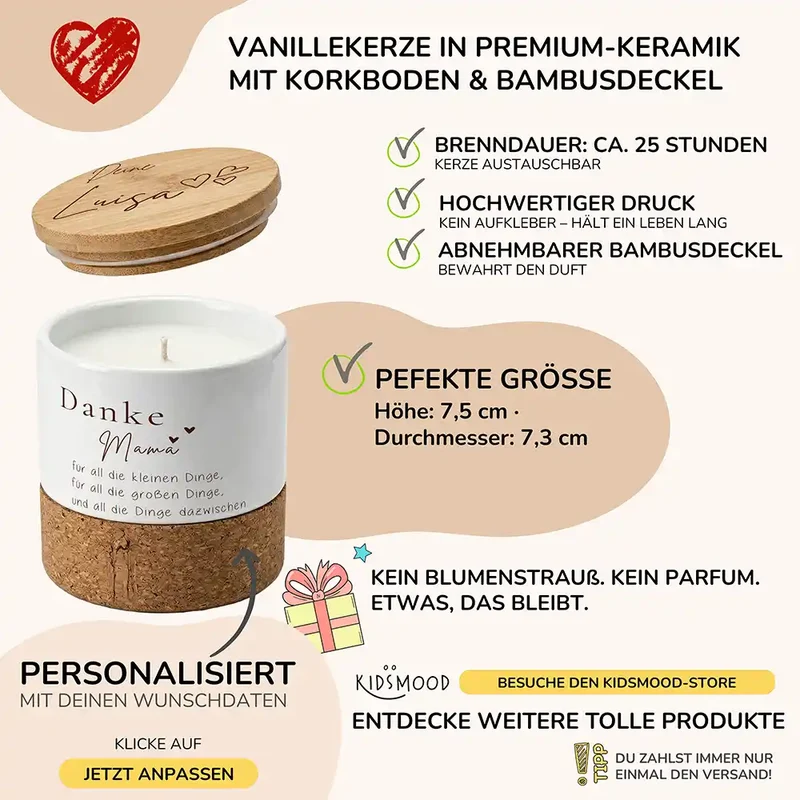 Duftkerze Vanille Keramik – Danke Mama Herzen mit Wunschname