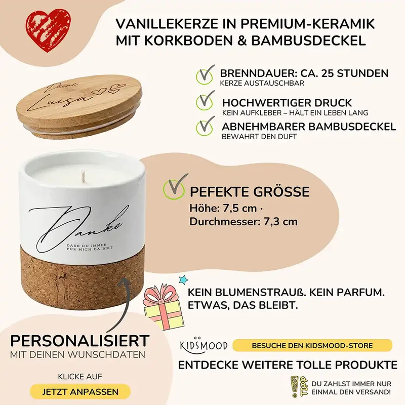Duftkerze Vanille Keramik – Danke immer da mit Wunschname