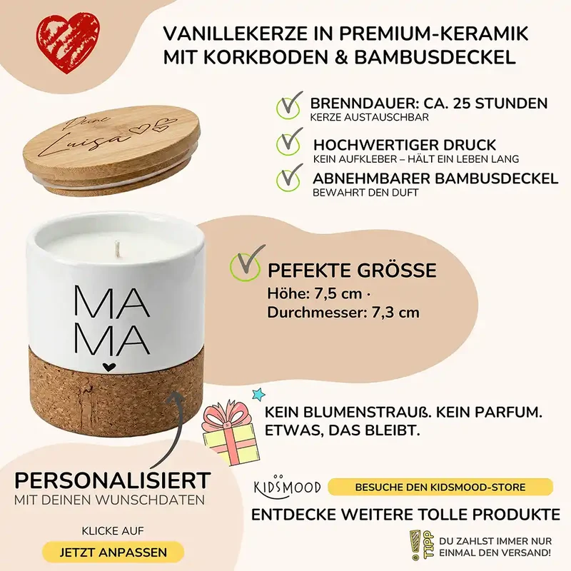 Duftkerze Vanille Keramik – Mama Typografie mit Wunschname