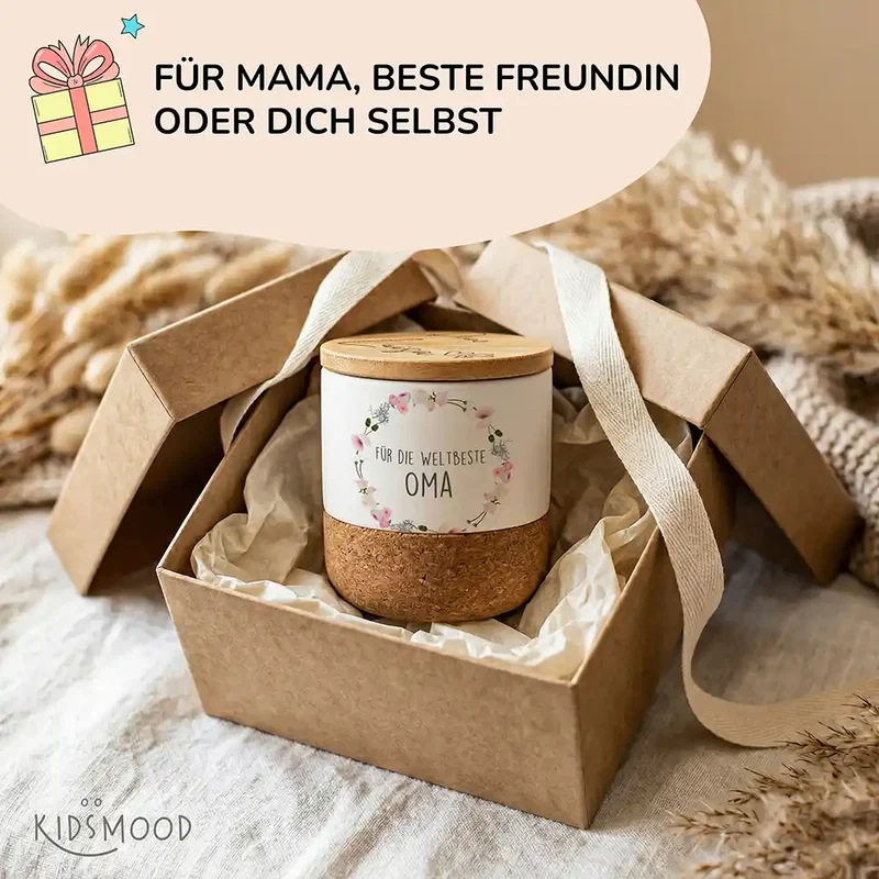 Duftkerze Vanille Keramik – Oma Blumenkranz mit Wunschname
