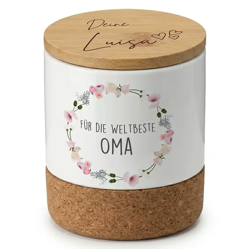 Duftkerze Vanille Keramik – Oma Blumenkranz mit Wunschname