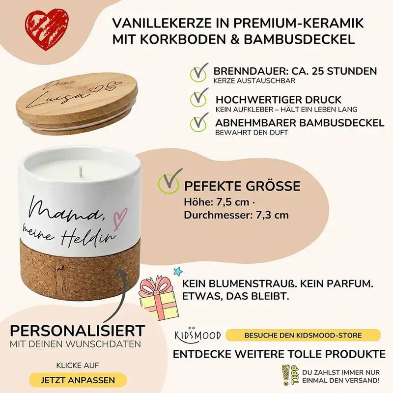 Duftkerze Vanille Keramik – Mama meine Heldin mit Wunschname
