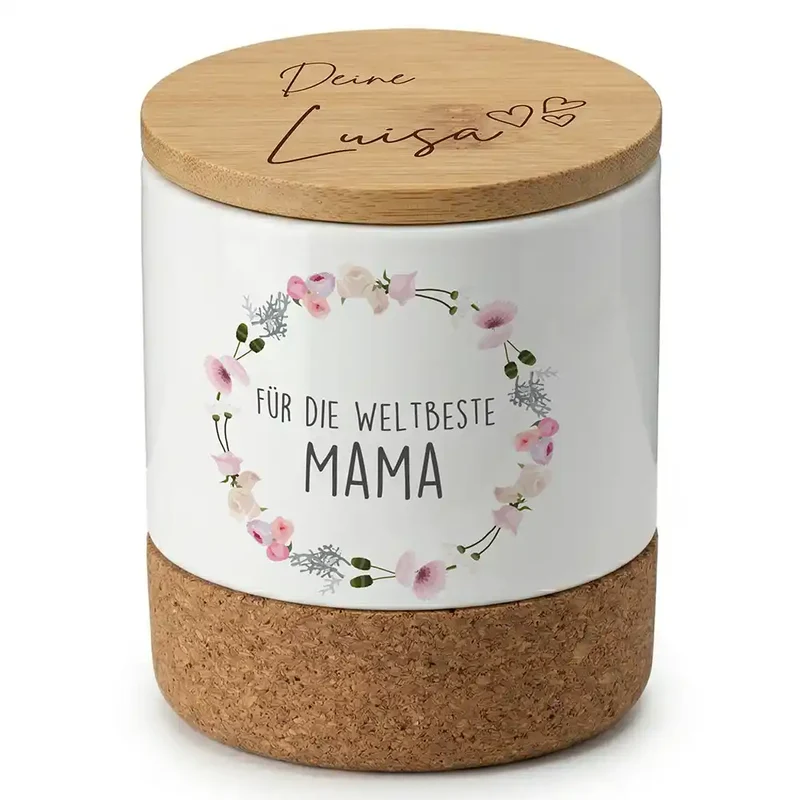 Duftkerze Vanille Keramik – Mama Blumenkranz mit Wunschname