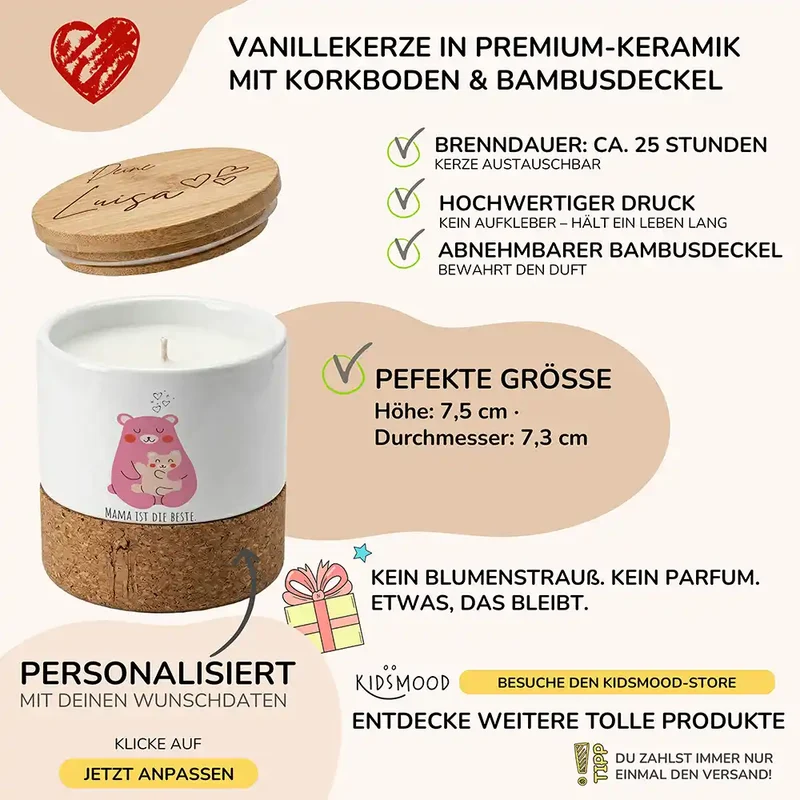 Duftkerze Vanille Keramik – Bärenmama Kind mit Wunschname