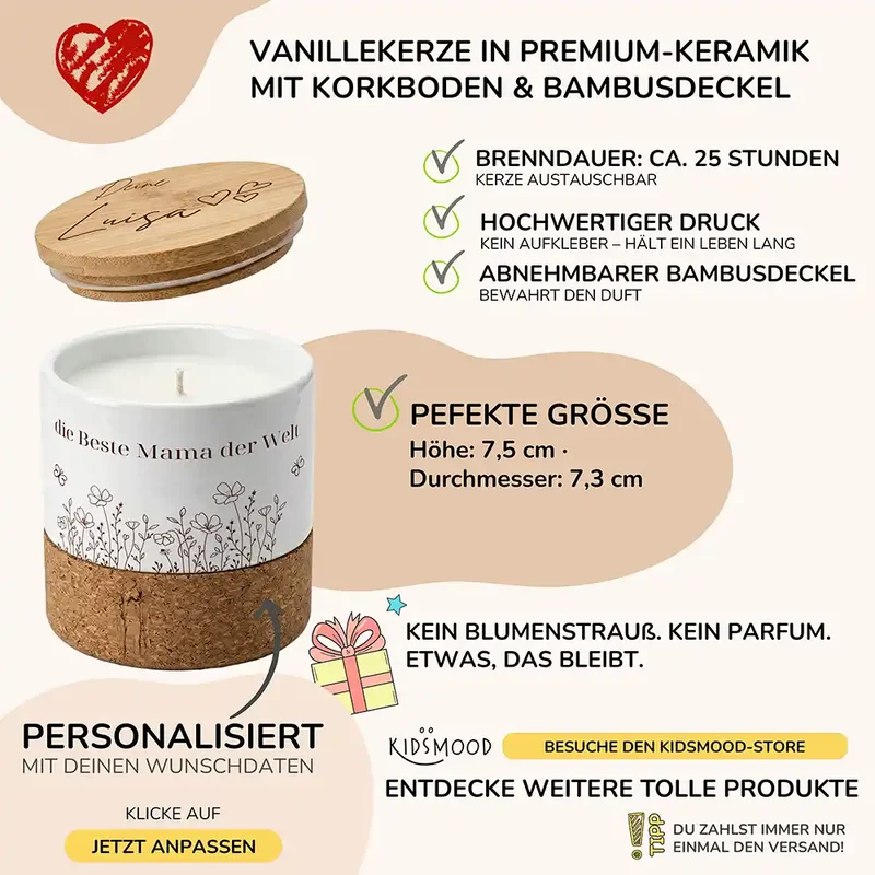 Duftkerze Vanille Keramik – Beste Mama Wildblumen mit Wunschname