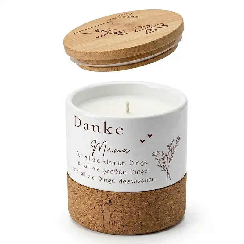 Duftkerze Vanille Keramik – Danke Mama Blumenzweig mit Wunschname