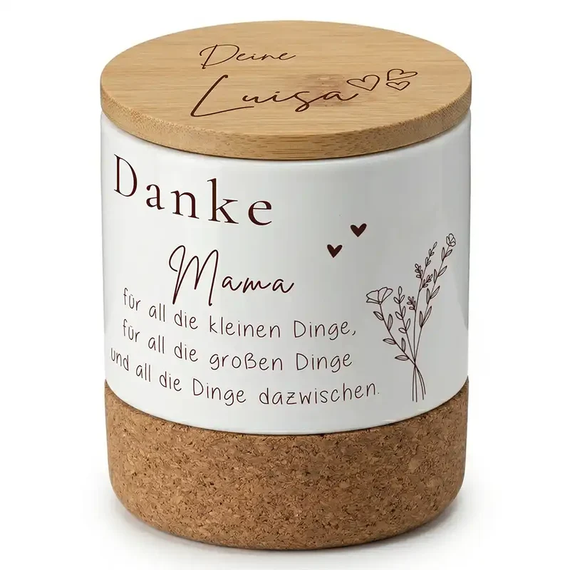 Duftkerze Vanille Keramik – Danke Mama Blumenzweig mit Wunschname