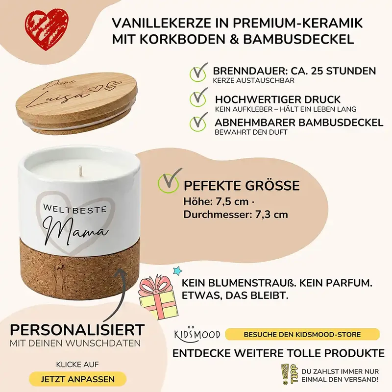 Duftkerze Vanille Keramik – Weltbeste Mama Herz mit Wunschname