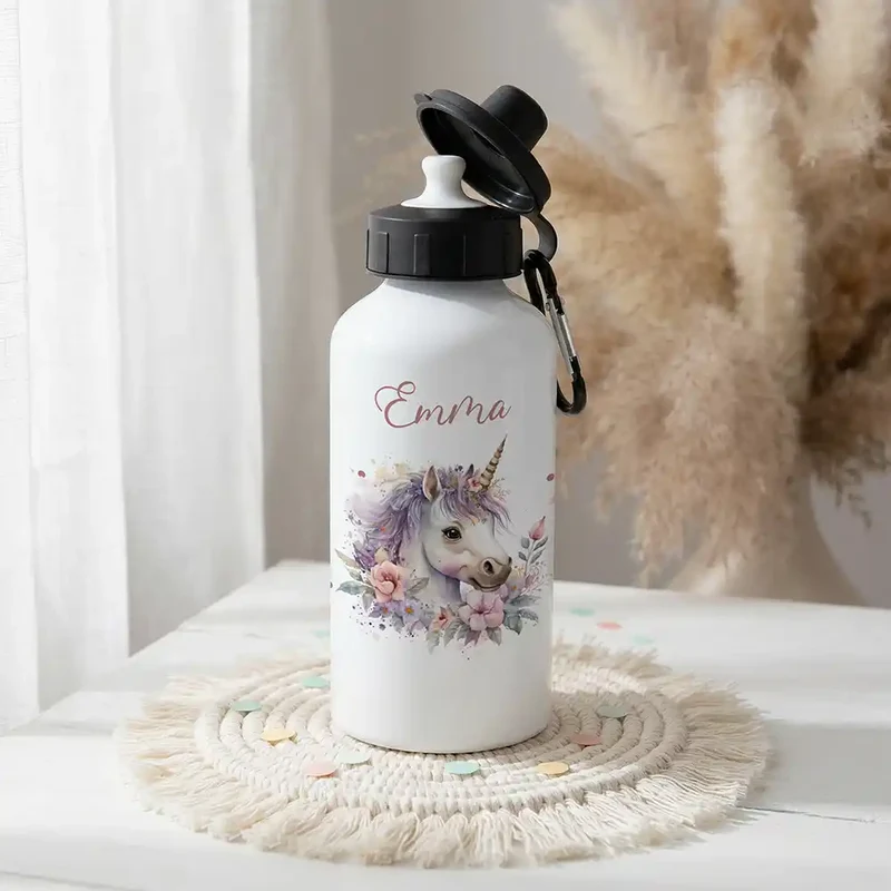 Personalisierte Trinkflasche Kinder – Einhorn Blumenkranz