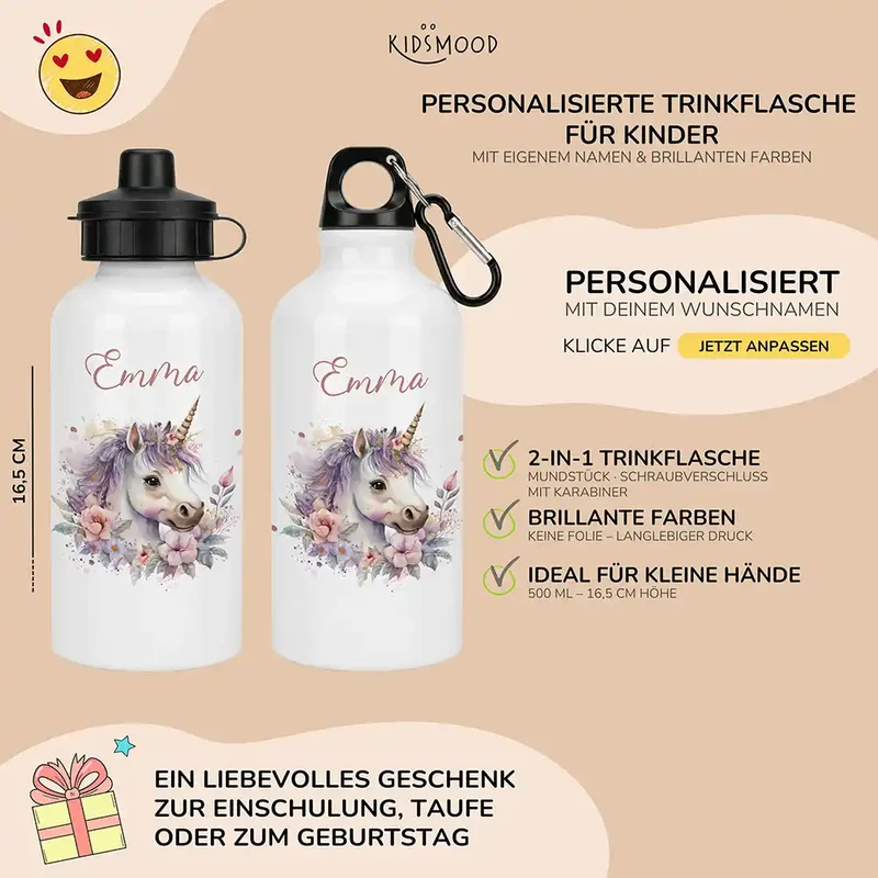 Personalisierte Trinkflasche Kinder – Einhorn Blumenkranz