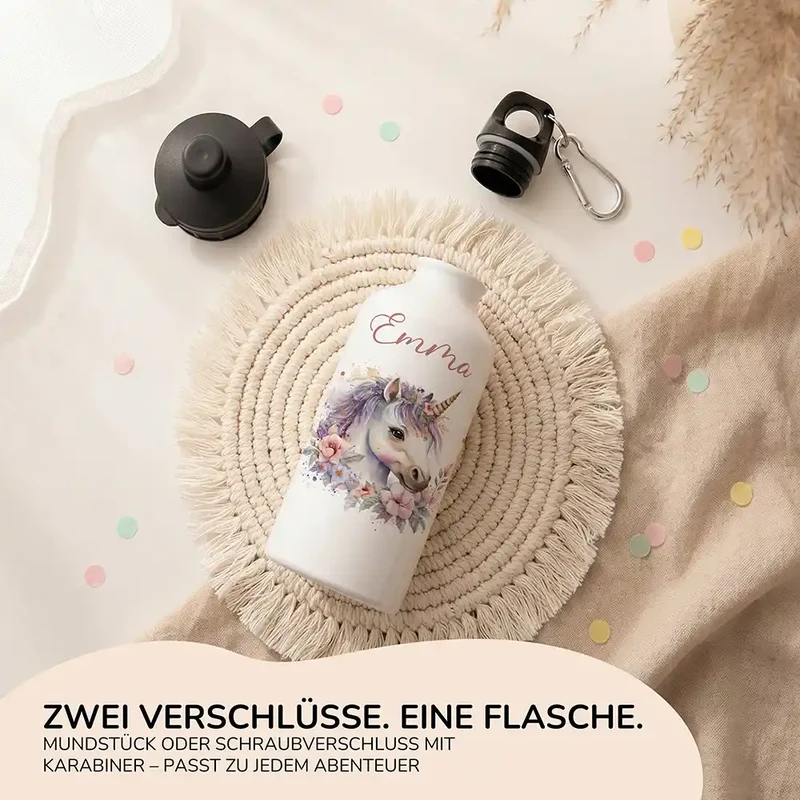 Personalisierte Trinkflasche Kinder – Einhorn Blumenkranz