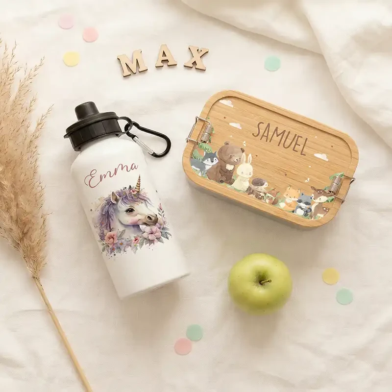 Personalisierte Trinkflasche Kinder – Einhorn Blumenkranz