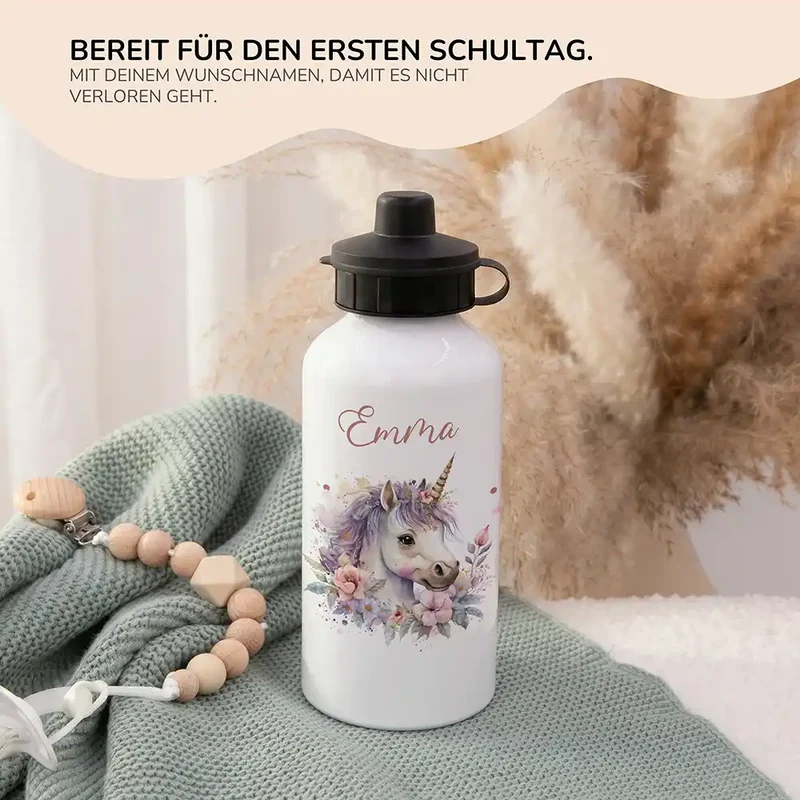 Personalisierte Trinkflasche Kinder – Einhorn Blumenkranz