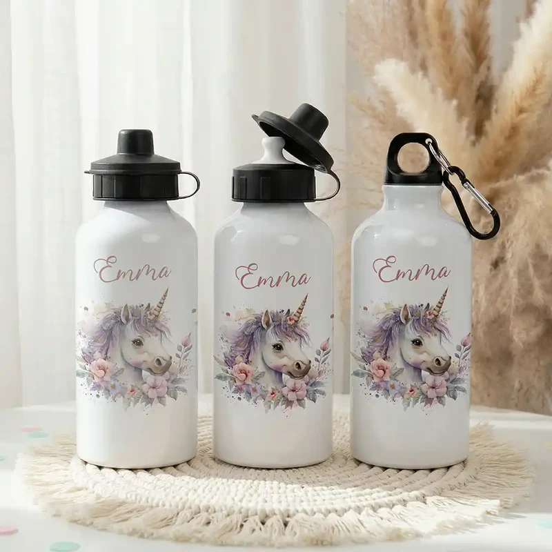 Personalisierte Trinkflasche Kinder – Einhorn Blumenkranz